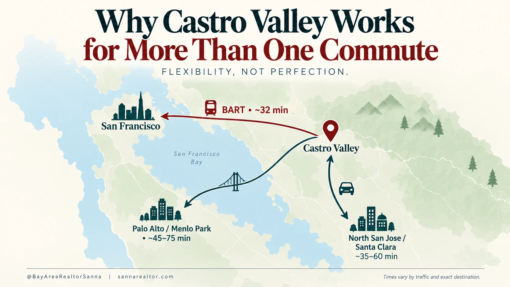 Map showing Castro Valley commutes: BART to San Francisco in about 32 minutes, driving to Palo Alto and Menlo Park in about 45 to 75 minutes, and to North San Jose and Santa Clara in about 35 to 60 minutes.