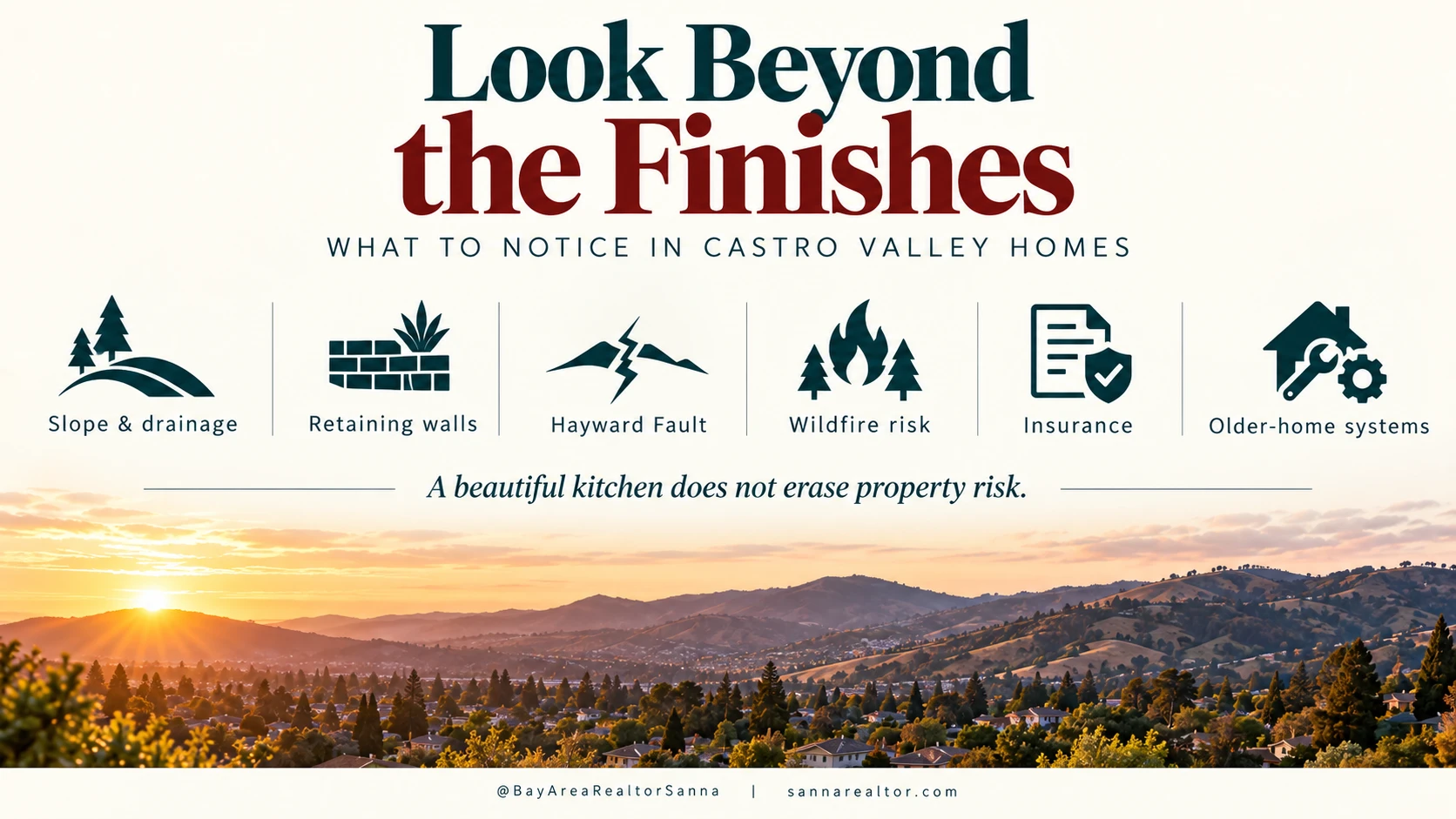 Six things to check in a Castro Valley home: slope and drainage, retaining walls, Hayward Fault proximity, wildfire risk, insurance cost and older-home systems.