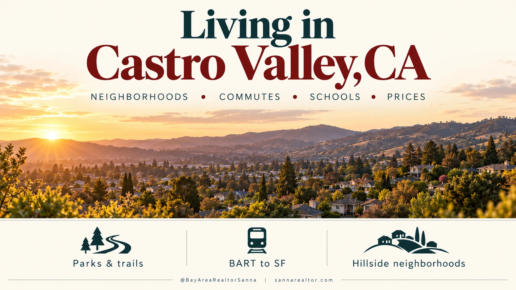 Golden-hour view across Castro Valley, with tree-lined residential streets below and the East Bay hills beyond.