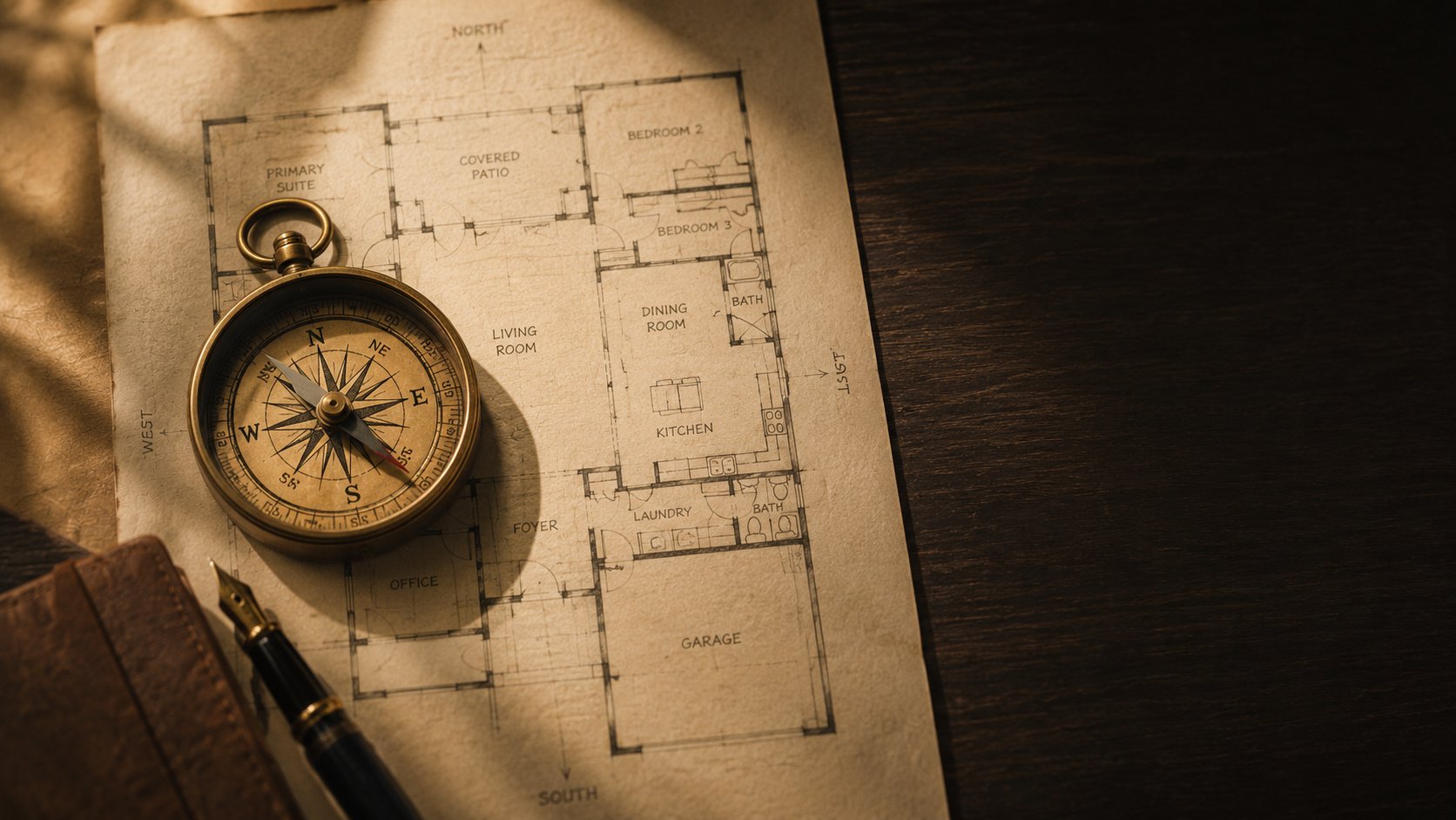 Antique brass compass resting on a hand-drawn architectural floor plan of a single-family home, with cardinal directions labeled. Editorial photograph illustrating how to check a home's facing direction for Vastu.
